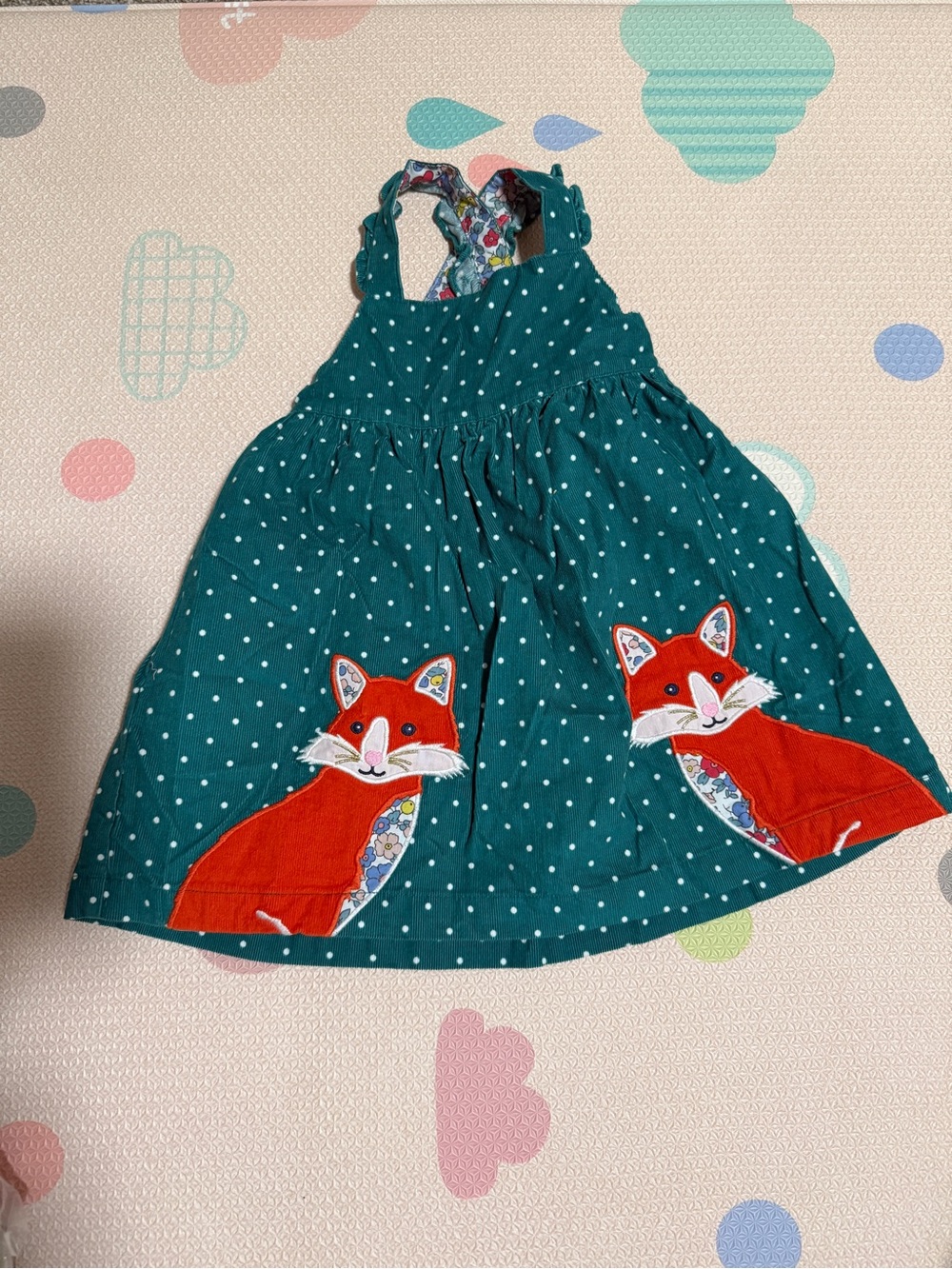 Baby Boden Teal Polka Dot Dress with Red Fox Appliqués